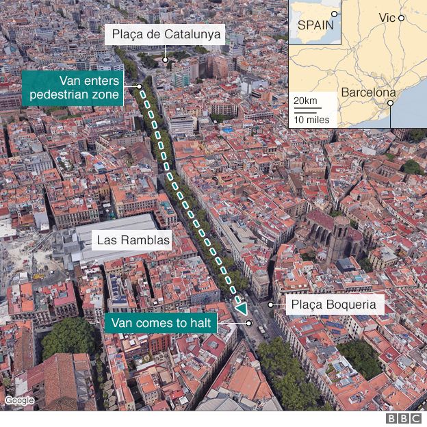 Hiện trường vụ đâm xe khủng bố kinh hoàng ở Barcelona